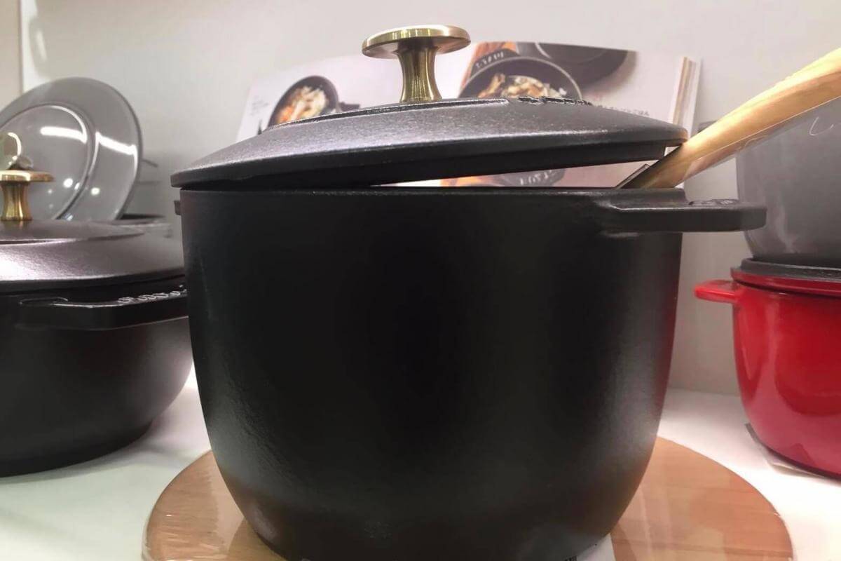 Staub cast iron make spectacular cookware. This pot is made for the Japanese market called a rice cooker.