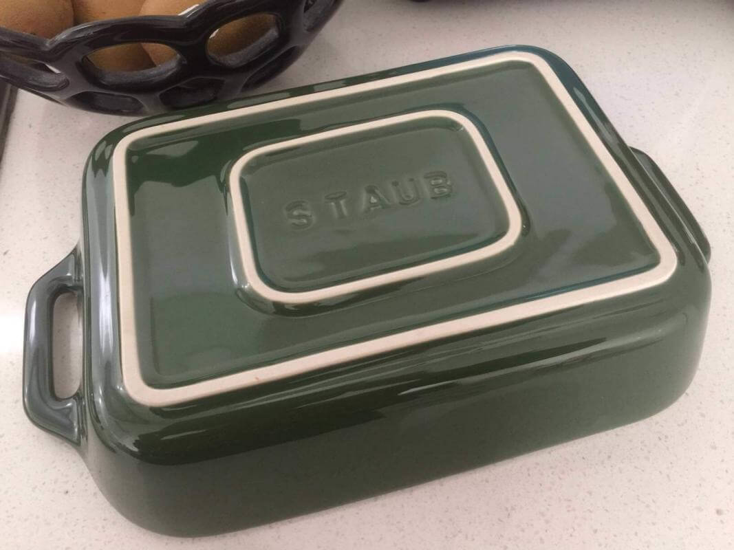 Is Staub cookware any good? Have you seen their Ceramic range its amazing. (In the picture is a green Staub ceramic baking dish which is upside down showing the base of the dish. This dish is on a kitchen bench).