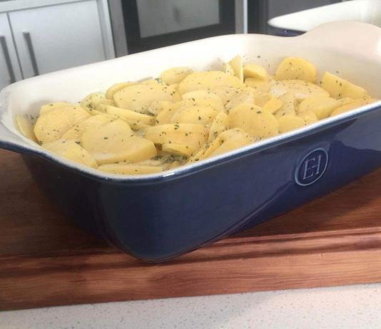 Emile Henry ceramic cookware. (In the picture is a blue Emile Henry baking dish with potato bake ready to go into the oven).