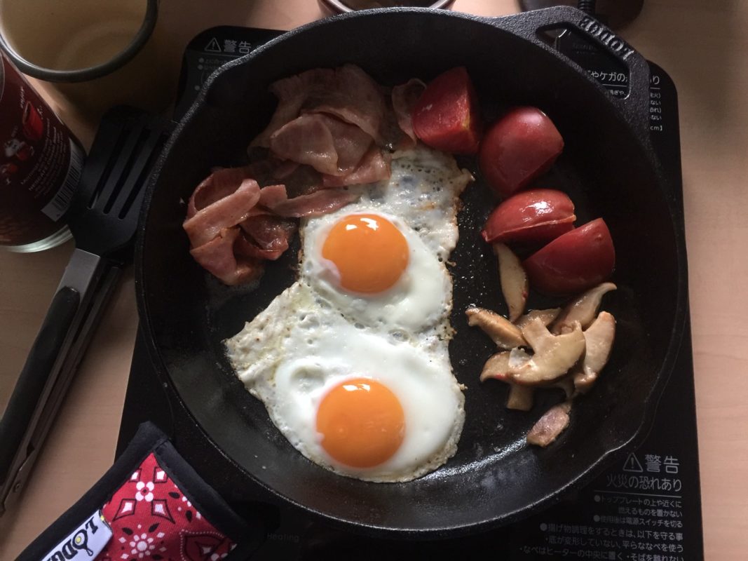 English breakfast cooked in cast iron.