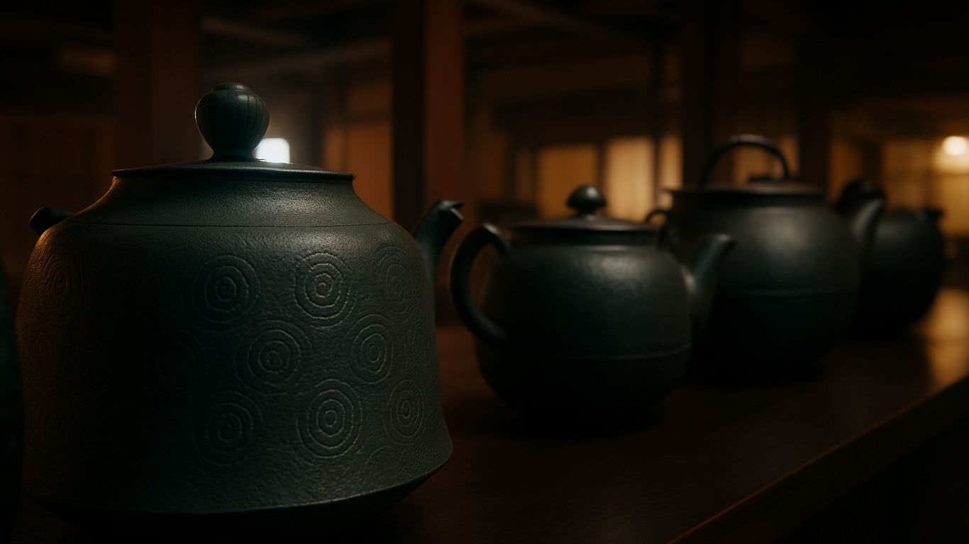 Row of Japanese kettles